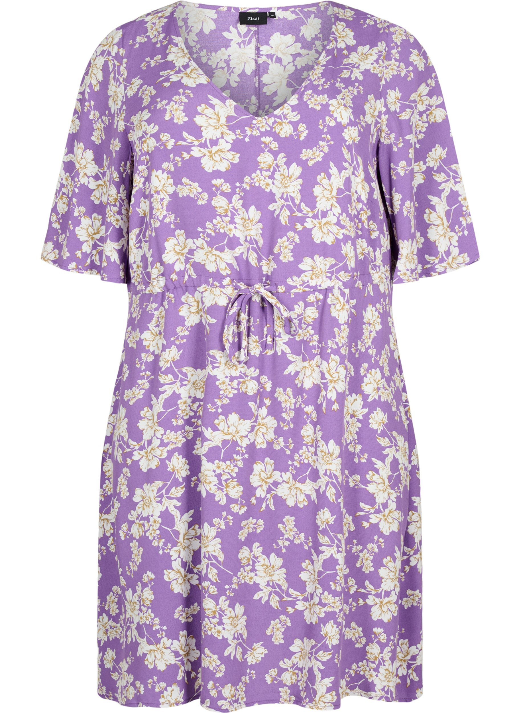 Zizzi Robe &agrave; manches 1/2 avec imprim&eacute; floral en viscose, Purple Flower AOP, Packshot image number 0