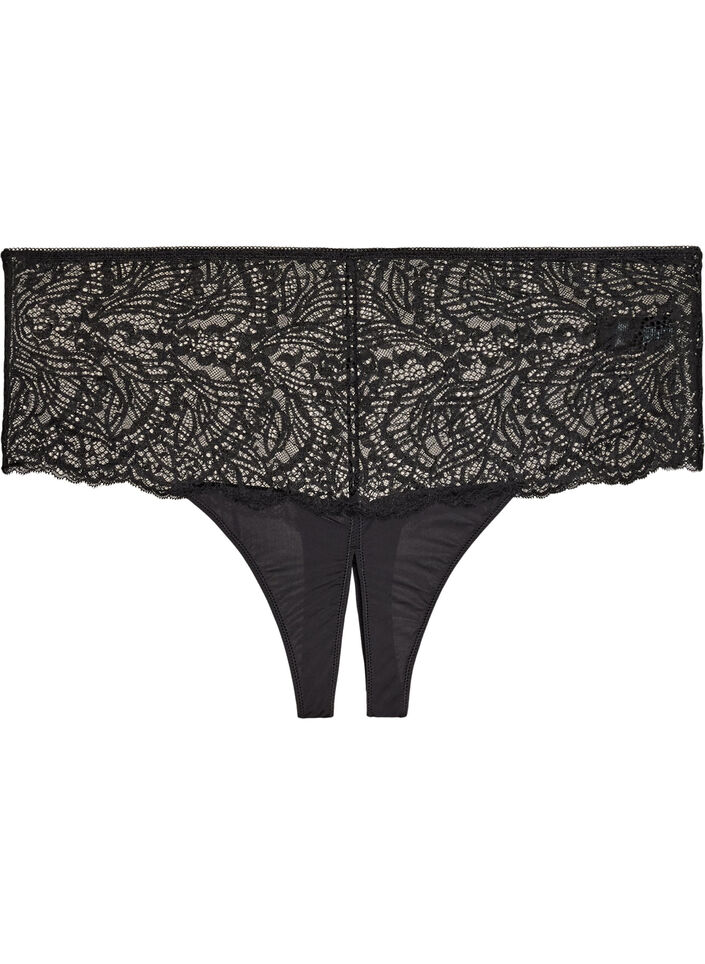 Offener Hipster-String mit Spitze und hohem Bund, Schwarz, Packshot image number 0
