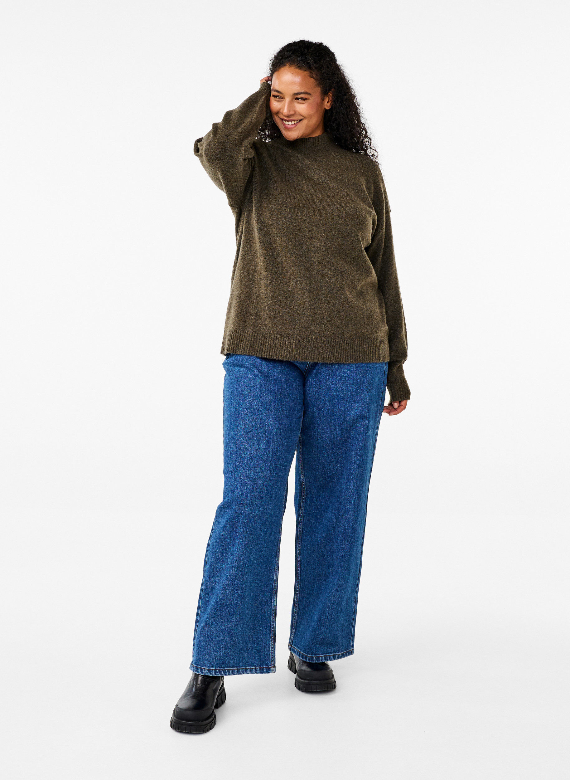 Zizzi Chemisier en laine tricot&eacute;e &agrave; col montant, Sea Turtle Mel., Model image number 2