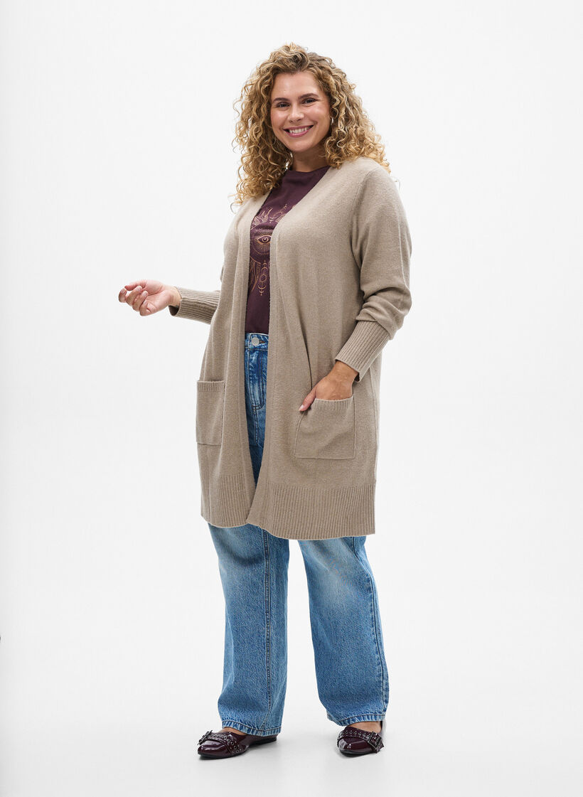 Strickjacke mit Rippenstrick und Taschen, Beige, Model image number 1