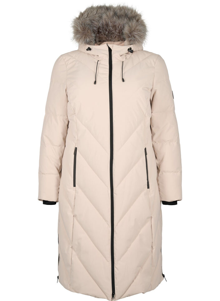 Langer Wintermantel mit Hakenverschl&uuml;ssen und Kunstfellkragen, Beige, Packshot image number 0