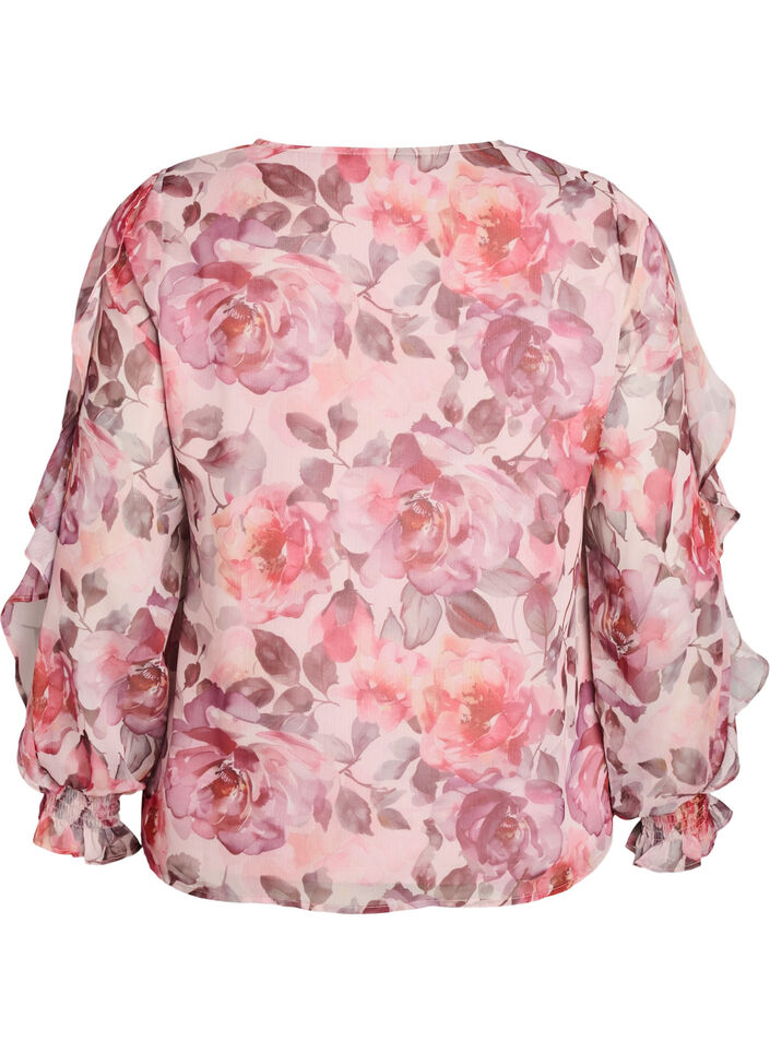 Blouse fleurie avec col en V et manches &agrave; volants, Rose, Packshot image number 1