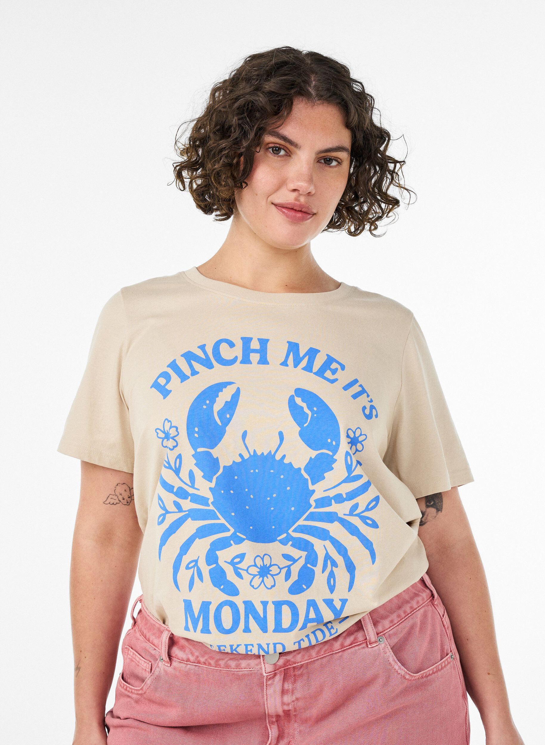 T-shirt en coton avec imprim&eacute;, Beige, Model