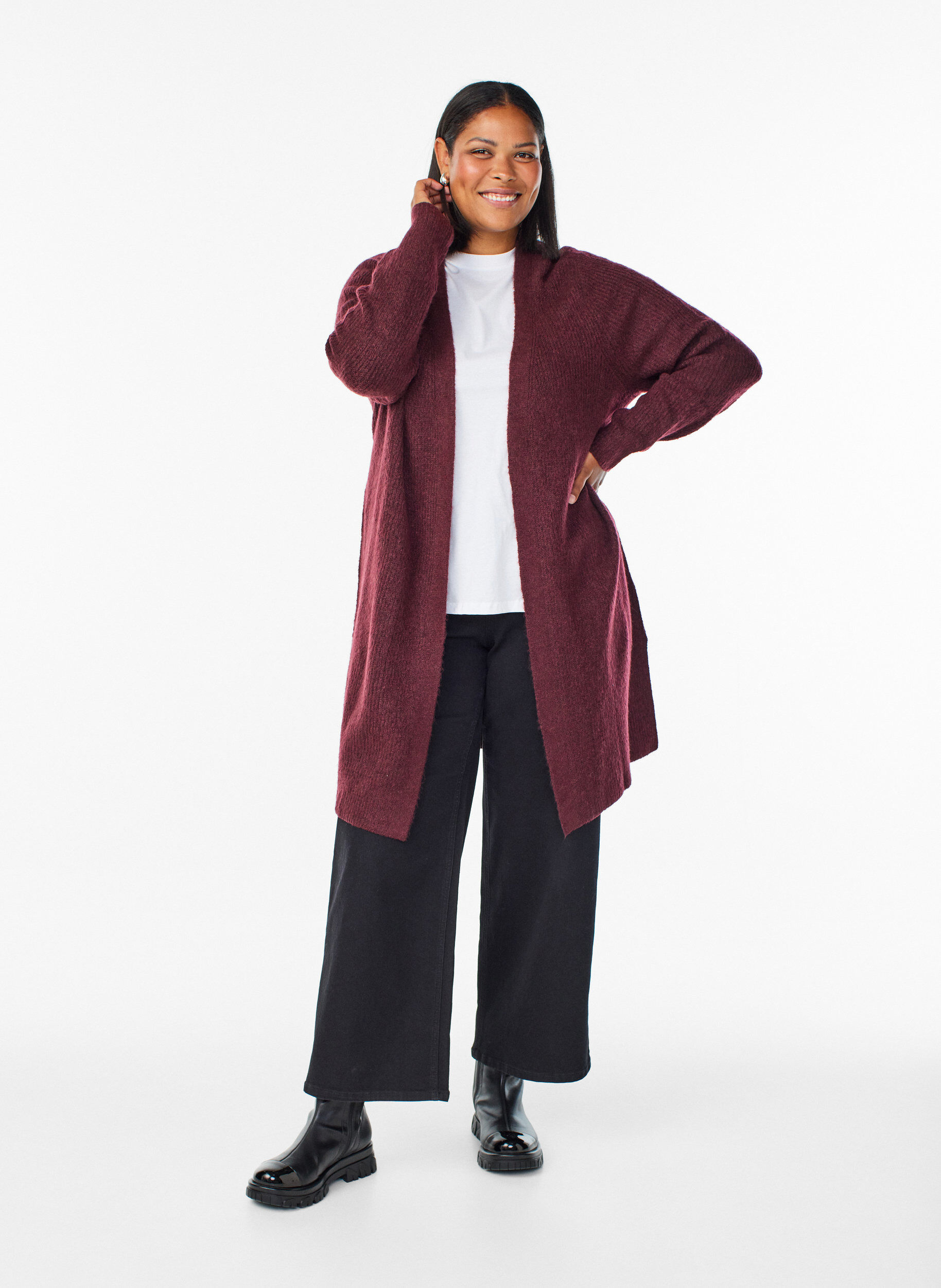 Zizzi FLASH - Langer Rippstrick-Cardigan mit offener Front, Rot, Model image number 1
