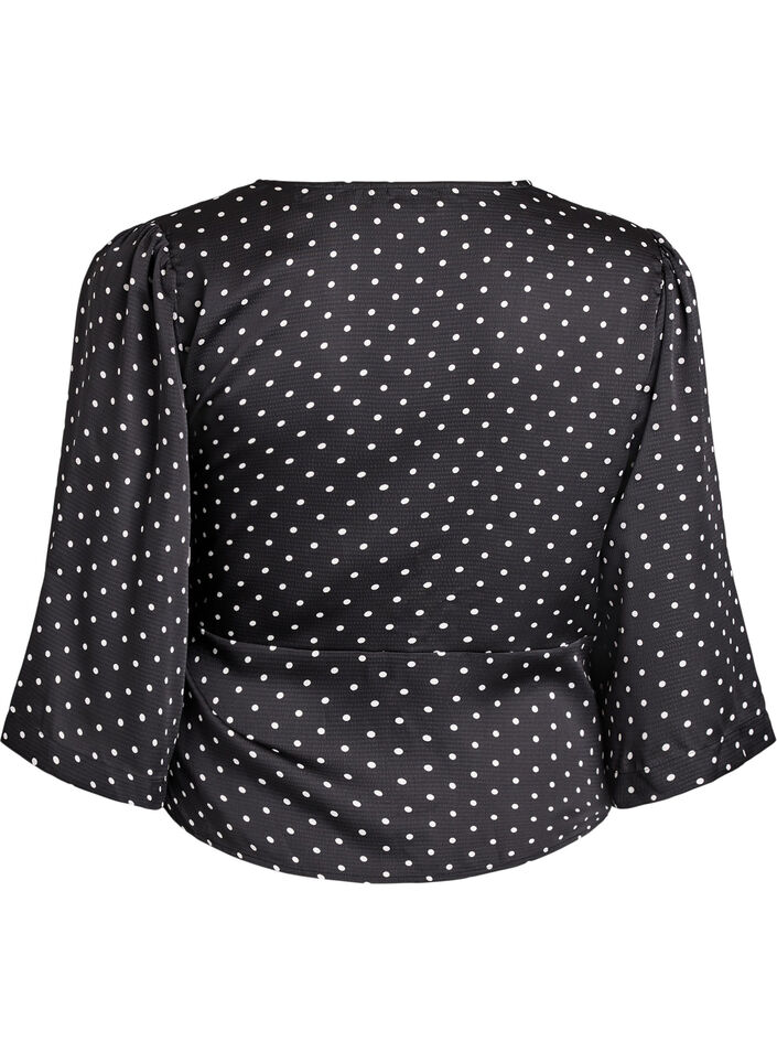 Blouse &agrave; pois avec lien &agrave; nouer et manches 3/4, Noir, Packshot image number 1