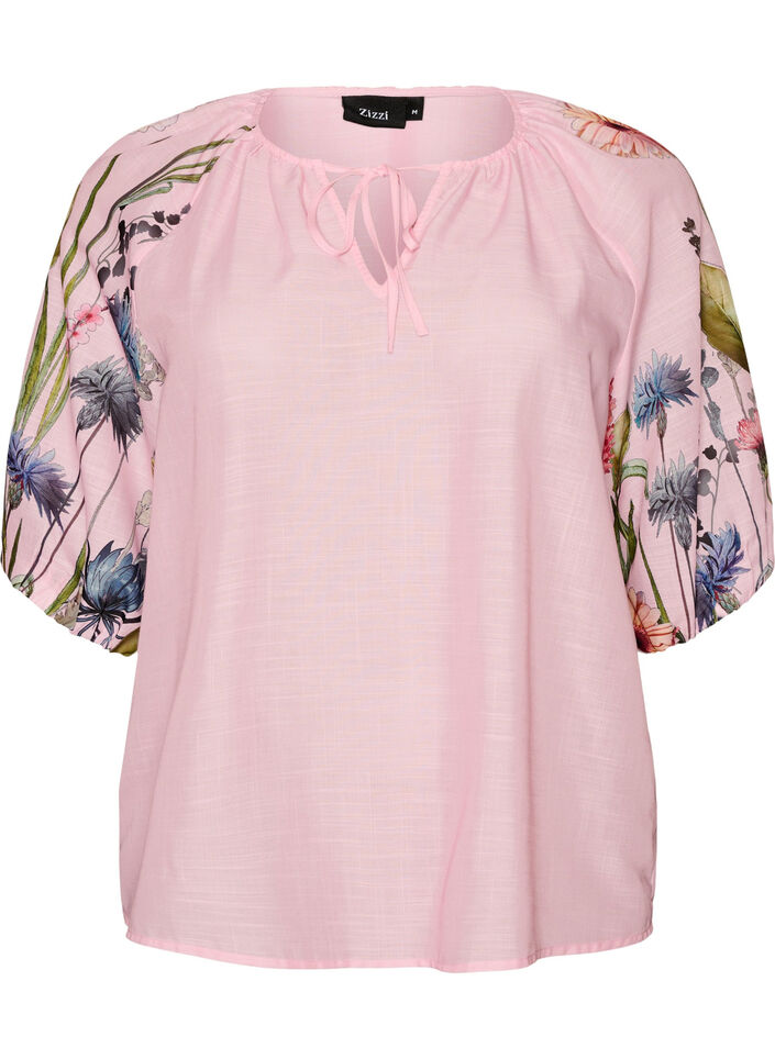 Bluse mit Bindedetail und gebl&uuml;mten &Auml;rmeln, Pink, Packshot image number 0