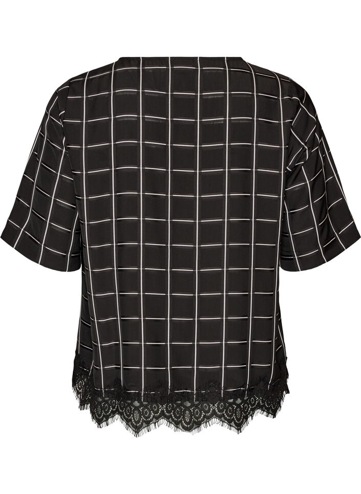 Karierte Bluse mit Spitzenbesatz und ellenbogenlangen &Auml;rmeln, Schwarz, Packshot image number 1