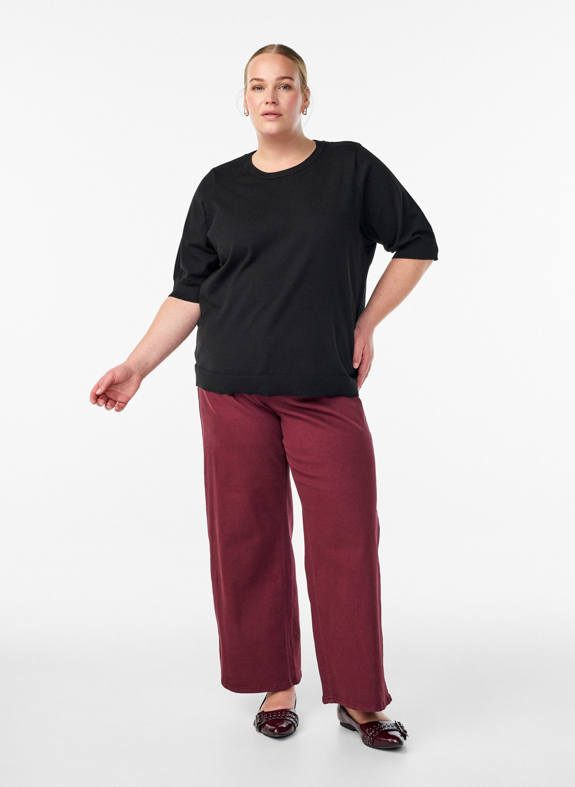 ZizziBlouse en fine maille &agrave; manches courtes, Noir, Model image number 1