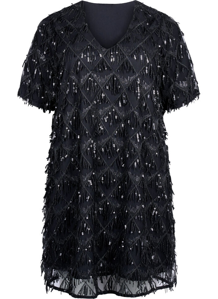 Robe courte avec franges à paillettes, Black, Packshot image number 0
