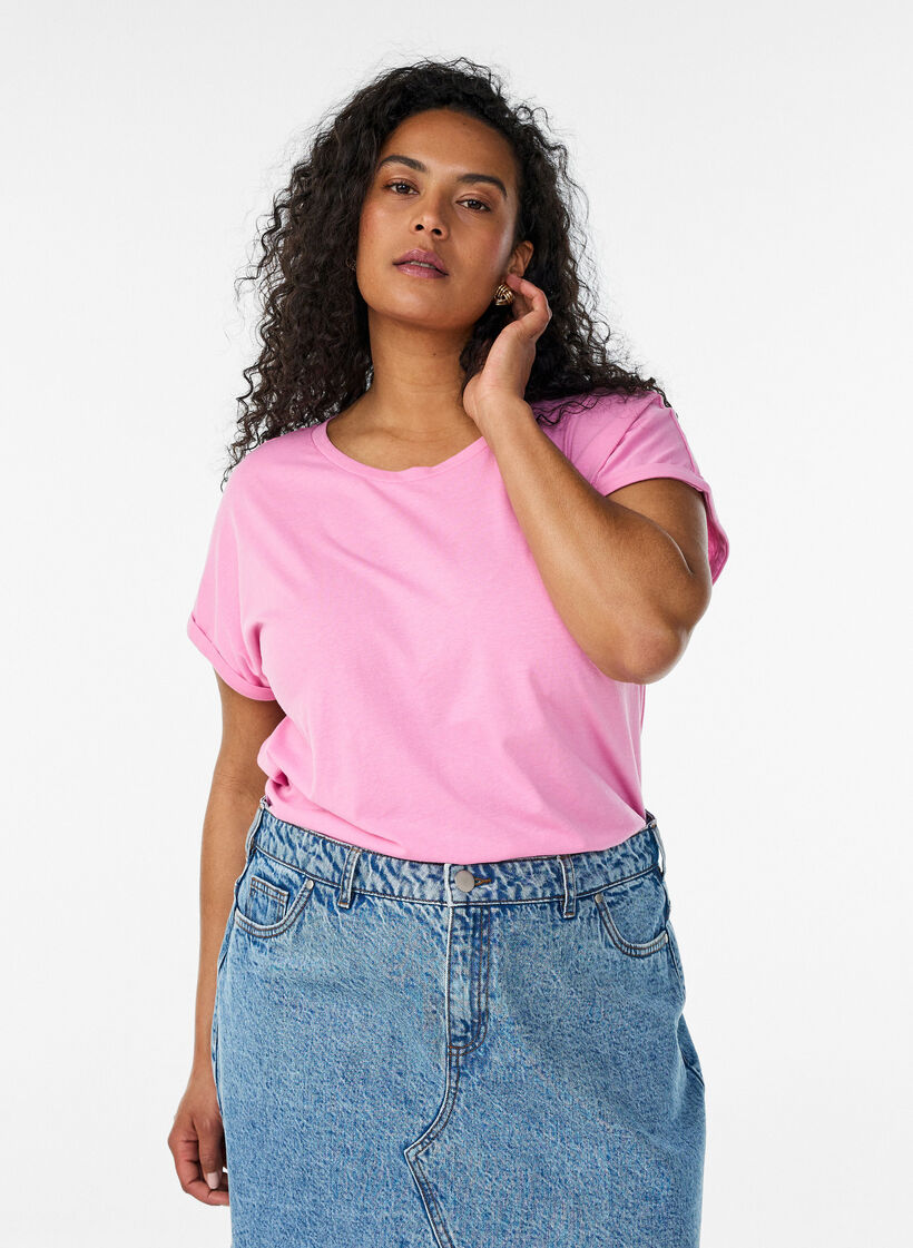 Kurz&auml;rmeliges T-Shirt aus einer Baumwollmischung, Pink, Model image number 0