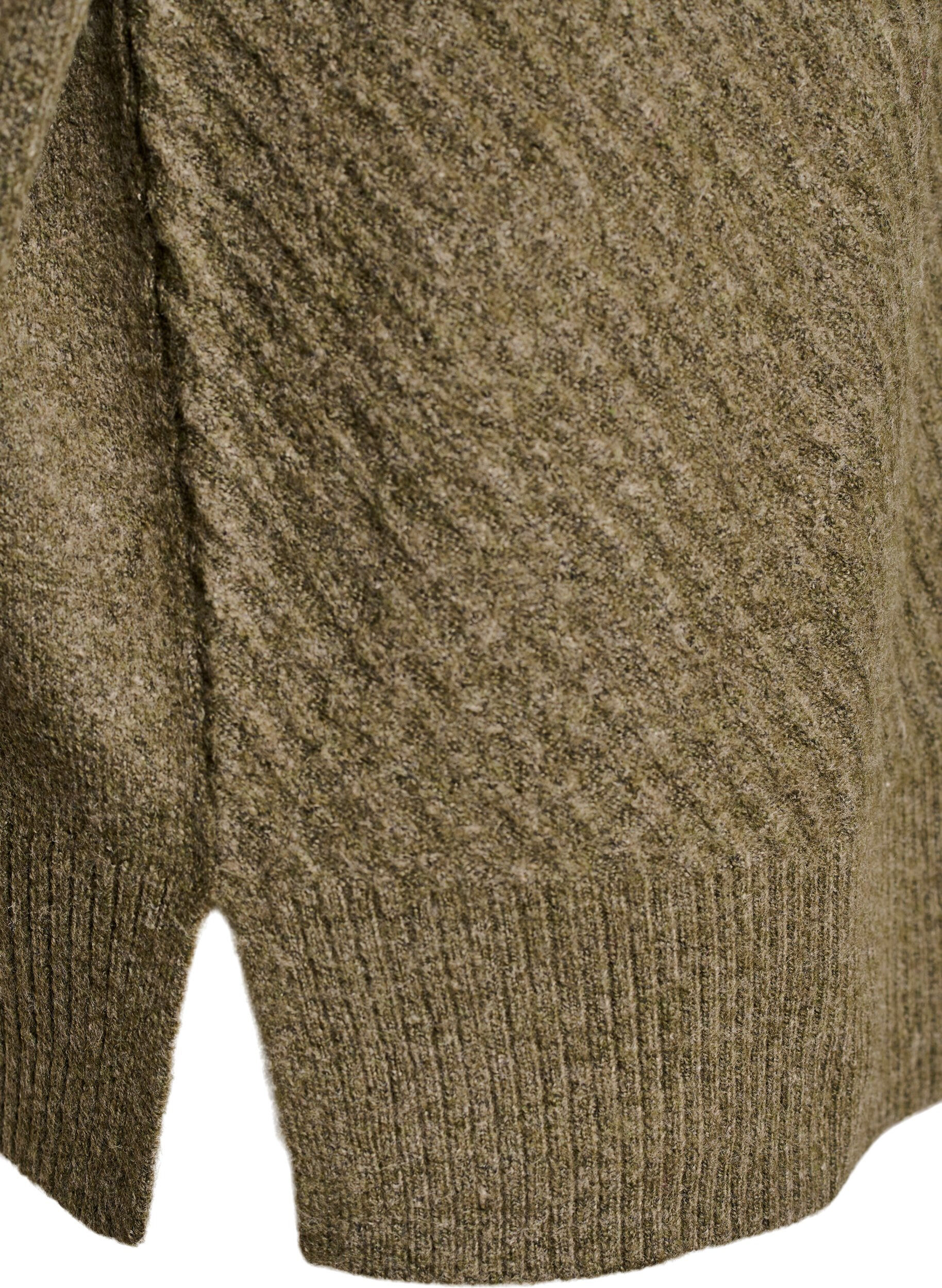 Zizzi Blouse en maille avec motif c&ocirc;tel&eacute; en V et fentes, Vert Kaki, Packshot image number 3