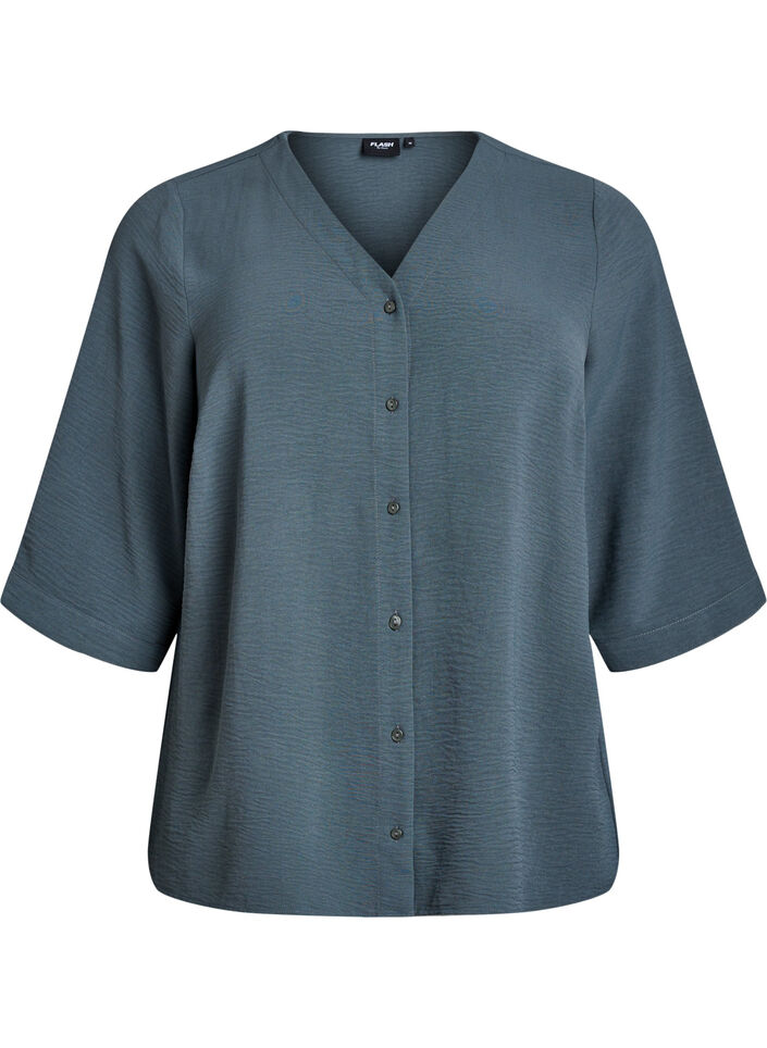 Bluse mit V-Ausschnitt und 3/4-&Auml;rmeln, Gr&uuml;n, Packshot image number 0