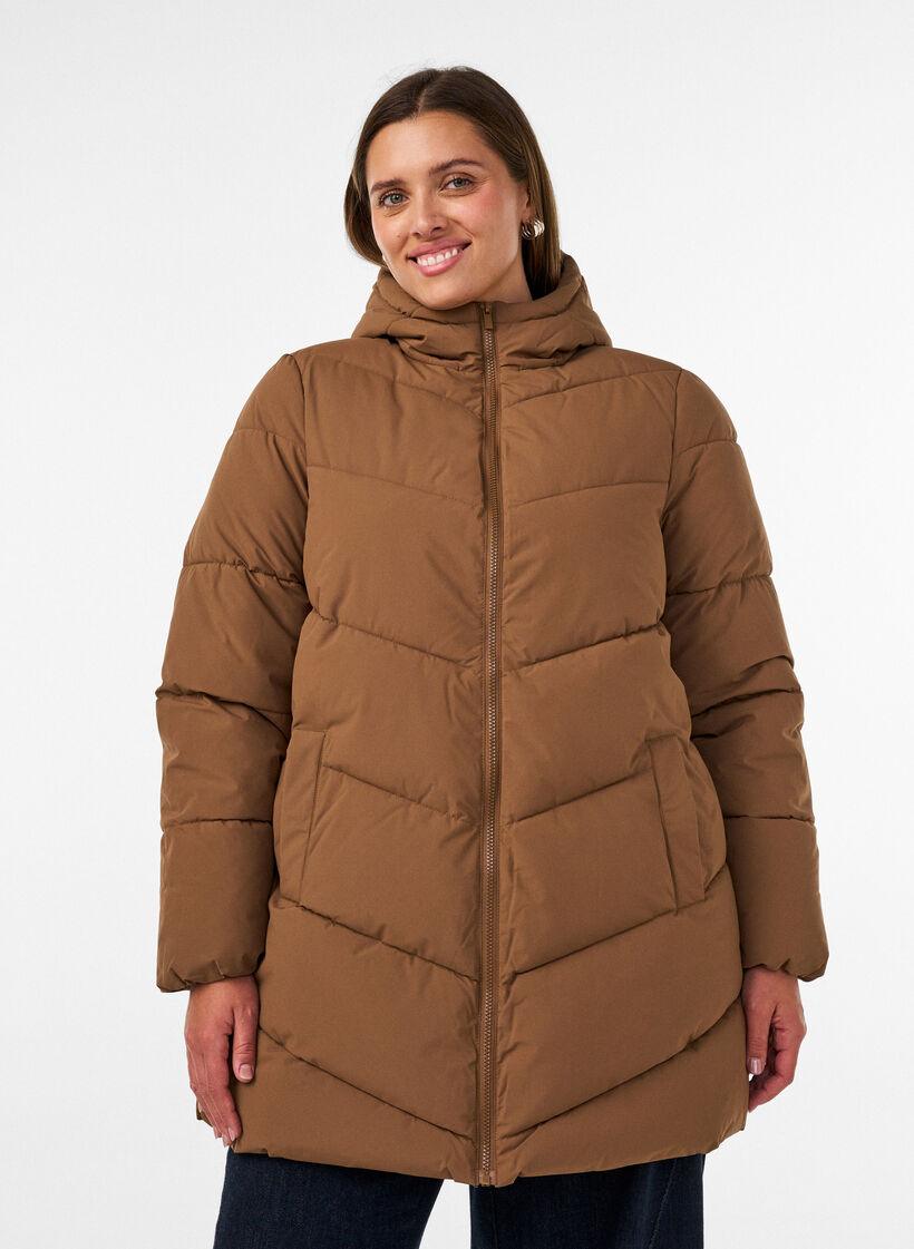Doudoune mi-longue avec capuche, Camel, Model image number 0