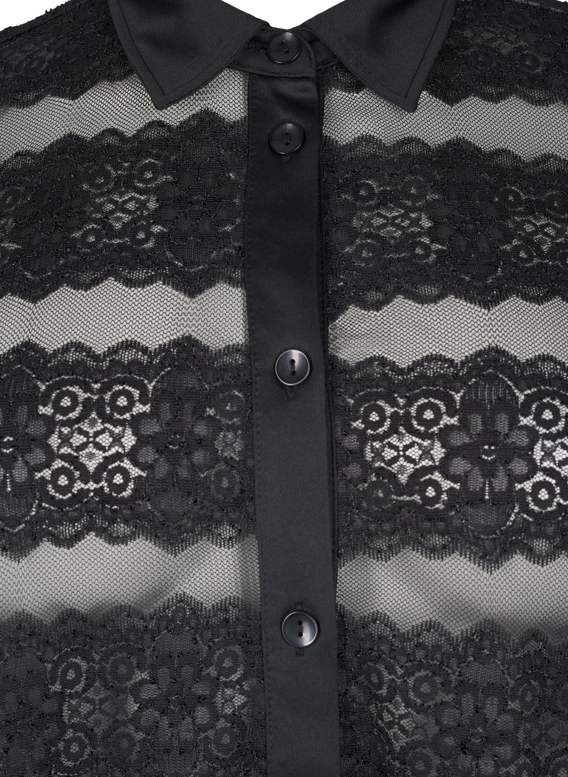 Zizzi Lockere Bluse mit Spitze und transparentem Mesh, Black, Packshot image number 2