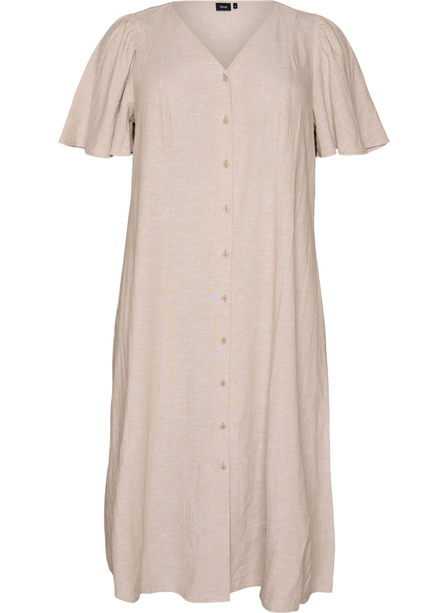 Robe midi en lin et viscose avec manches &agrave; volants