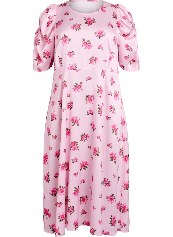 Robe midi &agrave; fleurs avec manches bouffantes, Rose, Packshot image number 0
