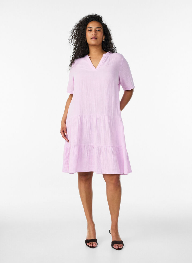 Robe courte &eacute;vas&eacute;e en mousseline de coton, Mauve, Model image number 1