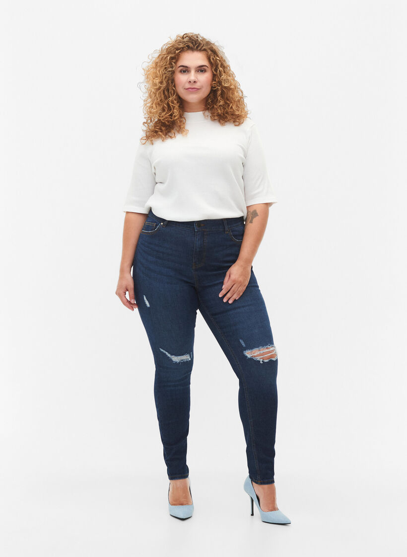 Jean Amy super mince avec destruction et taille haute, Dark blue, Model image number 0