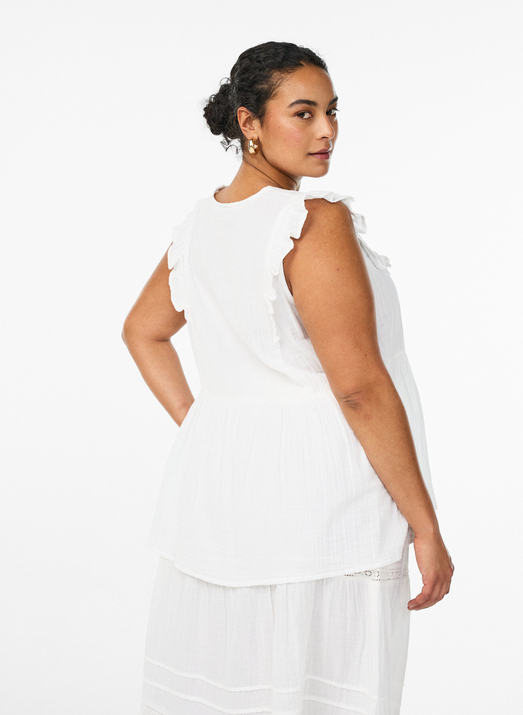 ZizziBlouse sans manches en mousseline de coton avec volants, Blanc, Model image number 2