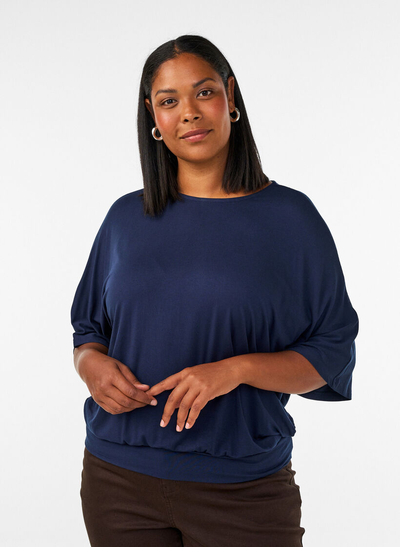 Blouse en jersey avec des manches ballon au coude, Bleu, Model image number 0