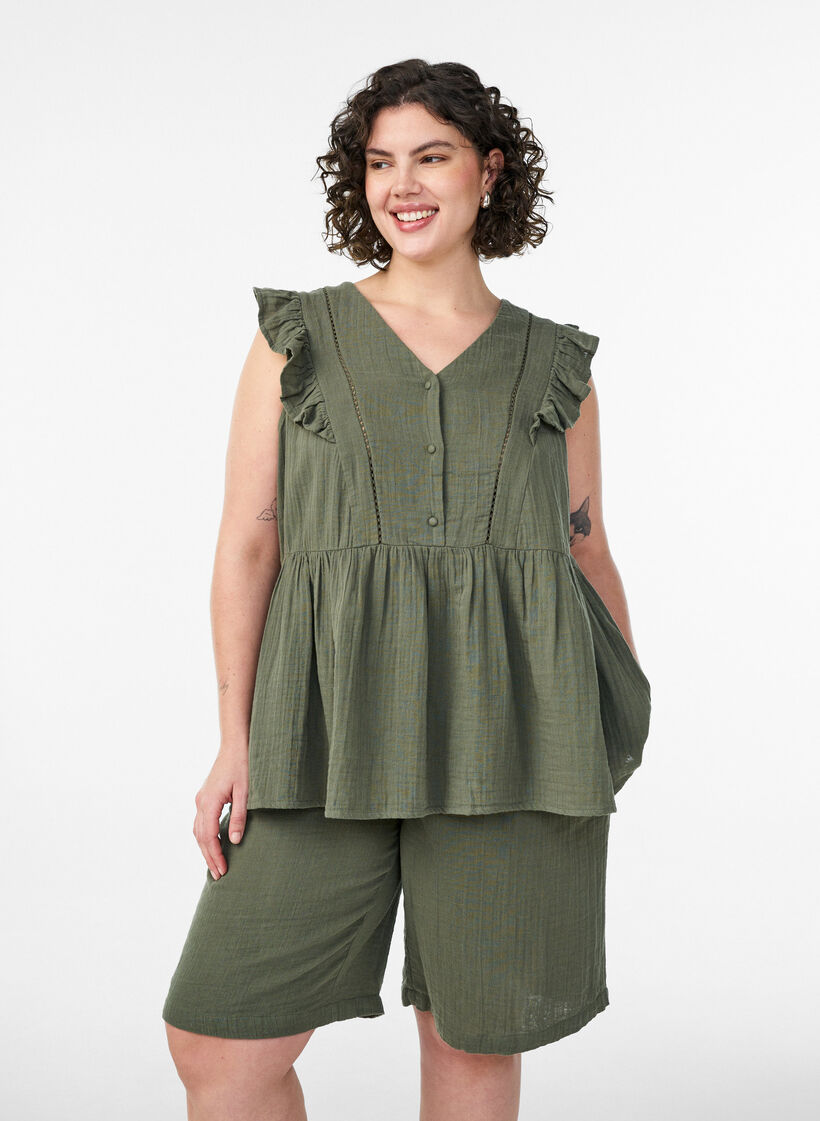 Short ample en mousseline de coton taille haute, Vert, Model image number 0