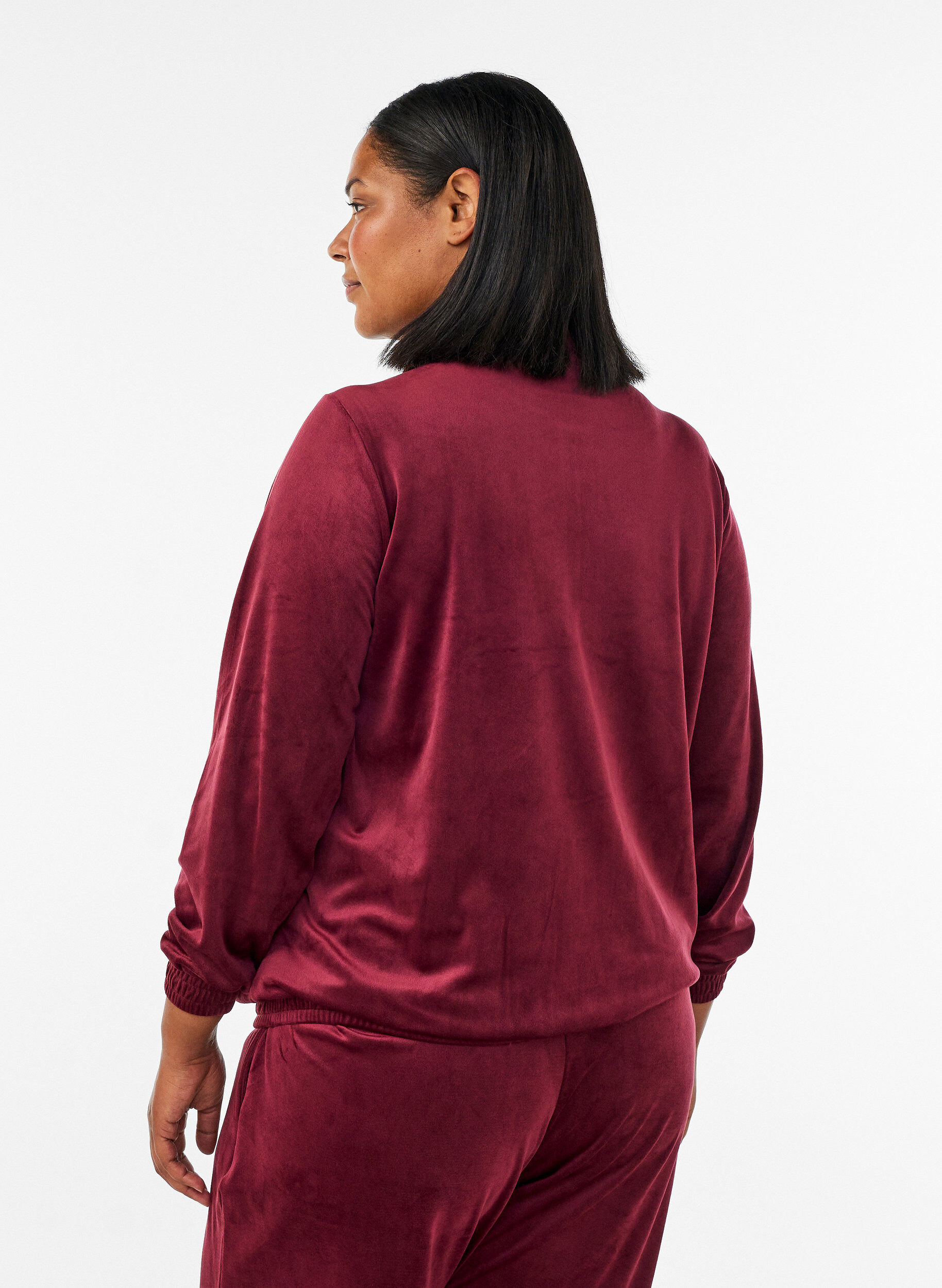 ZizziCardigan en velours doux avec fermeture zipp&eacute;e et col montant, Bordeaux, Model image number 2