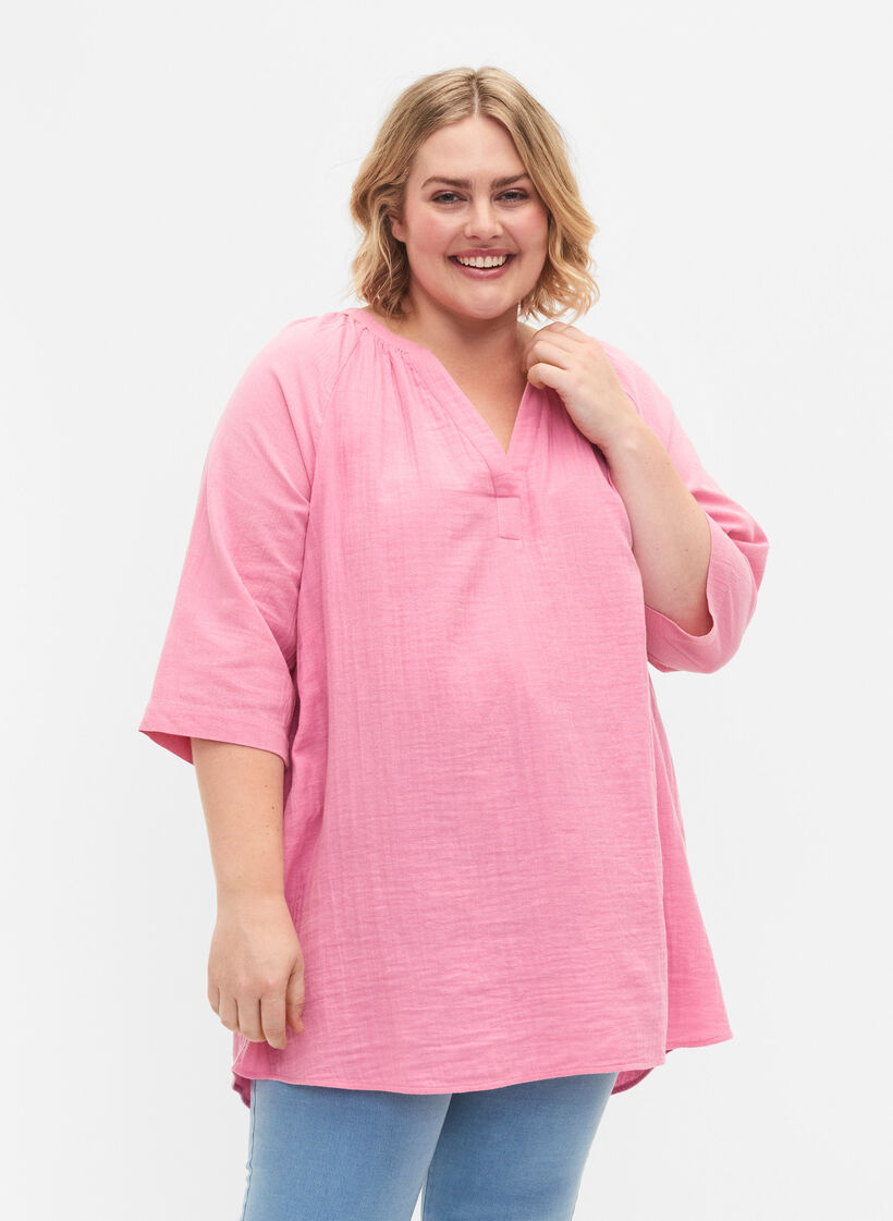 Tunique à manches 3/4 en coton, Rosebloom, Model image number 0