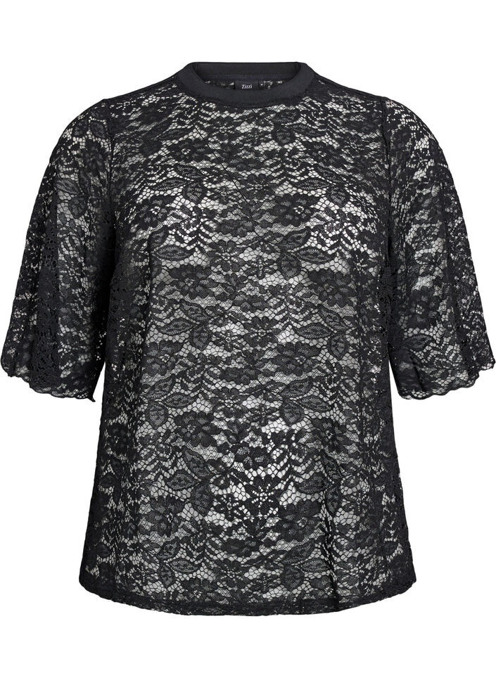 Blouse en dentelle à manches courtes et col rond, Noir, Packshot