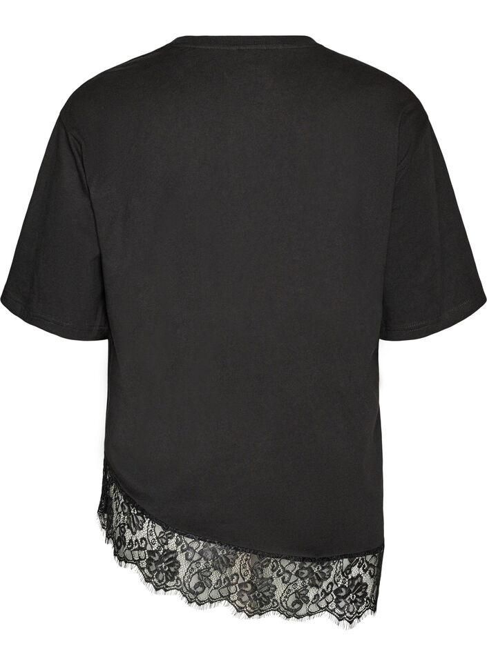 T-shirt avec ourlet asym&eacute;trique en dentelle, Noir, Packshot image number 1