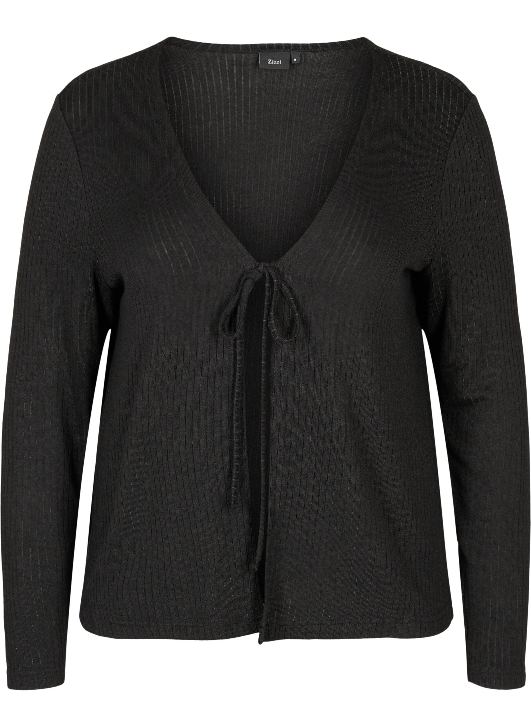 Zizzi Cardigan mit Rippmuster und Bindeschn&uuml;ren, Black, Packshot image number 0