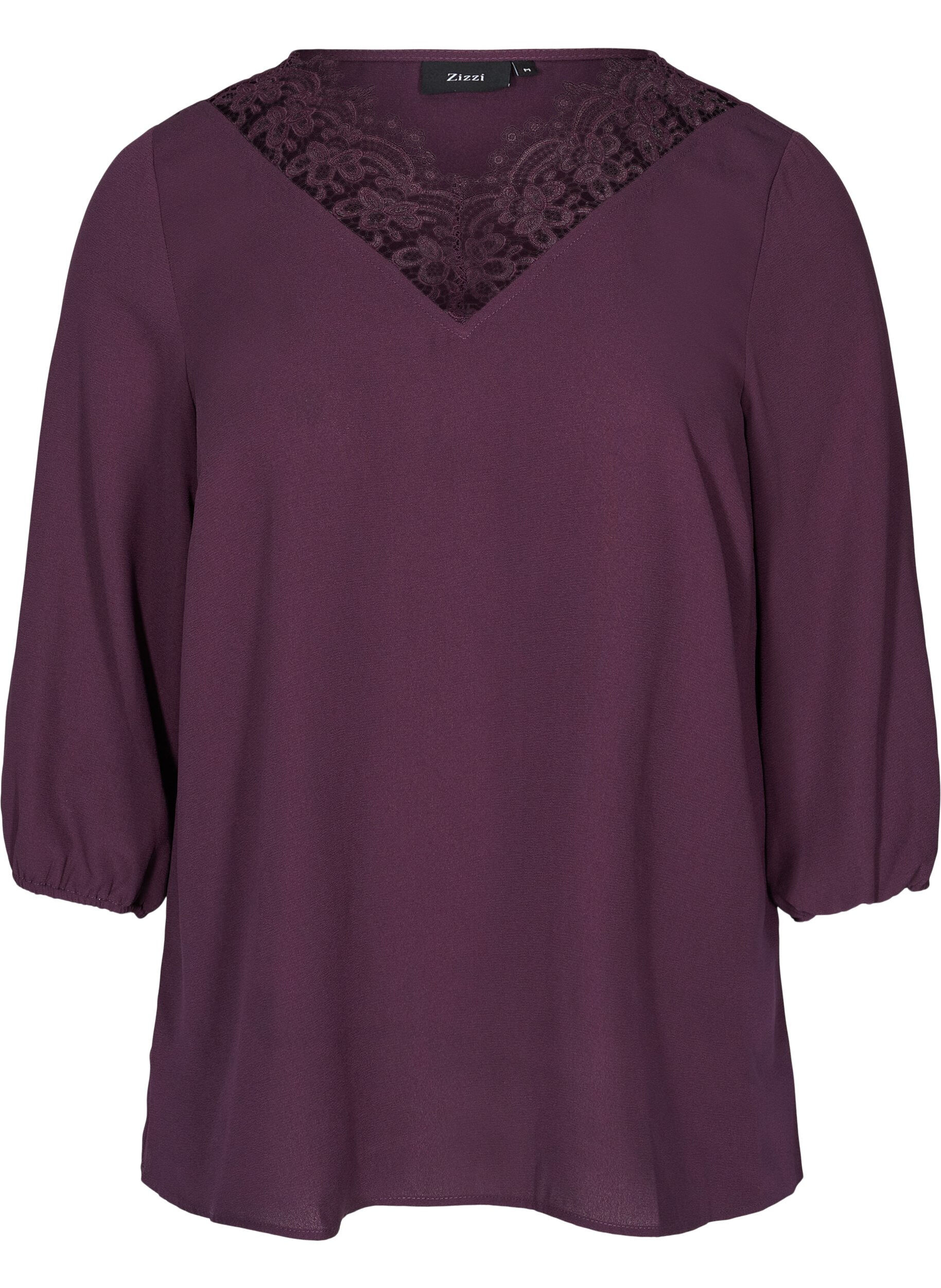 Zizzi Blouse unie avec dentelle et manches 3/4, Plum Perfect, Packshot image number 0