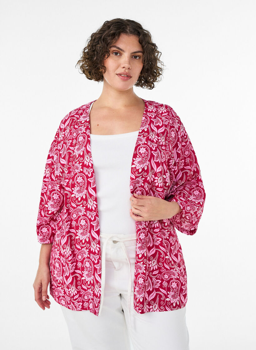 Kurzer Kimono aus Viskose mit 3/4-&Auml;rmeln, Pink, Model image number 0