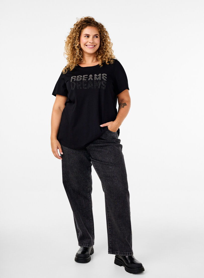 T-Shirt aus Baumwolle mit Strass-Motiv, Black w. Dream, Model image number 2