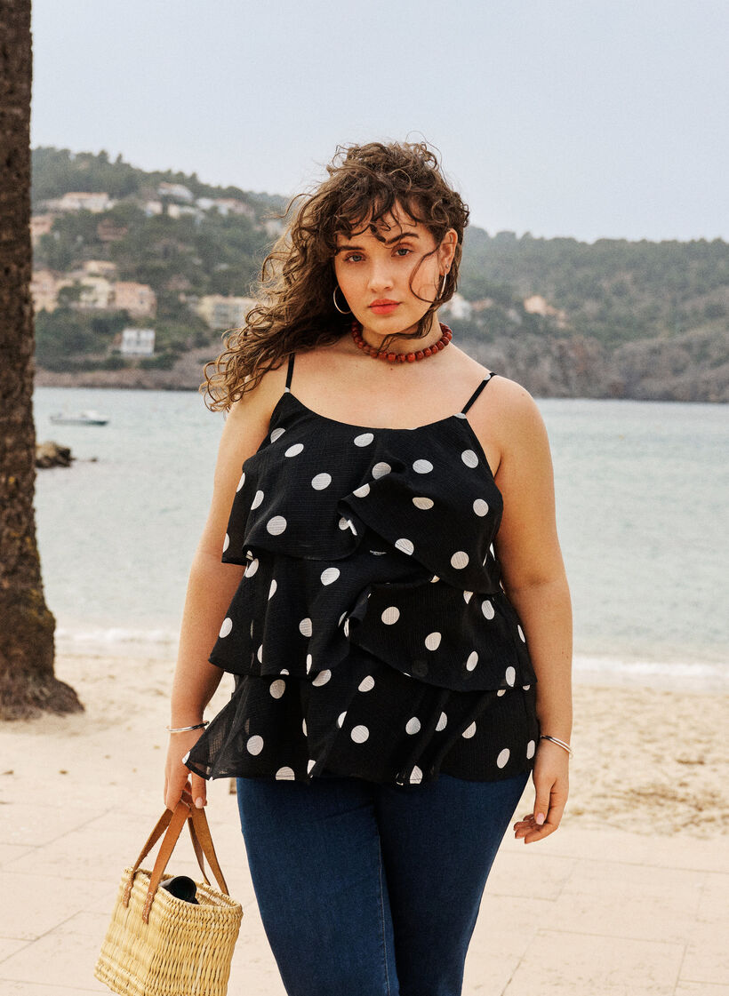 Lagen-Top mit R&uuml;schen und Spaghettitr&auml;gern, Schwarz, Image