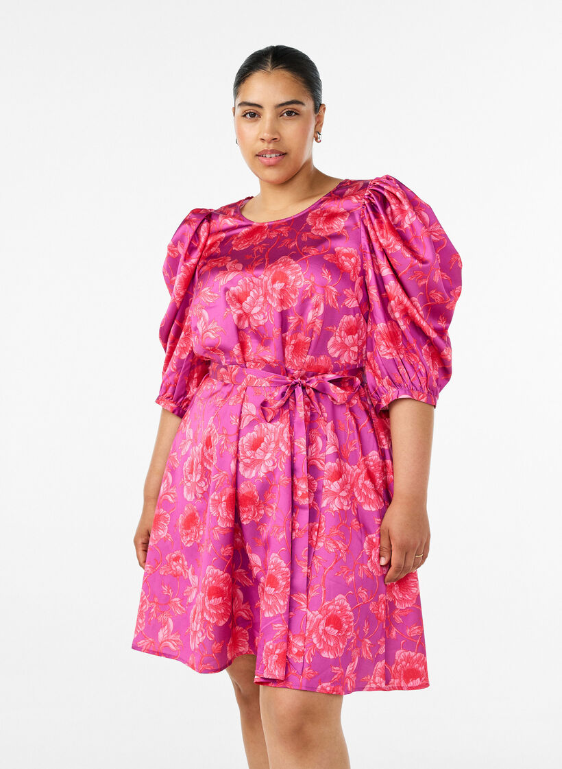 Gebl&uuml;mtes Kleid mit Puff&auml;rmeln und Bindeg&uuml;rtel, Pink, Model image number 0
