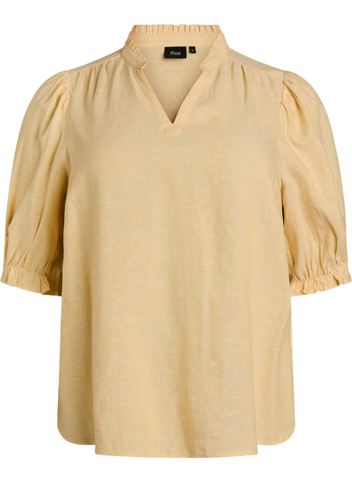 Blouse en lin et viscose avec manches 1/2, Jaune clair, Packshot image number 0