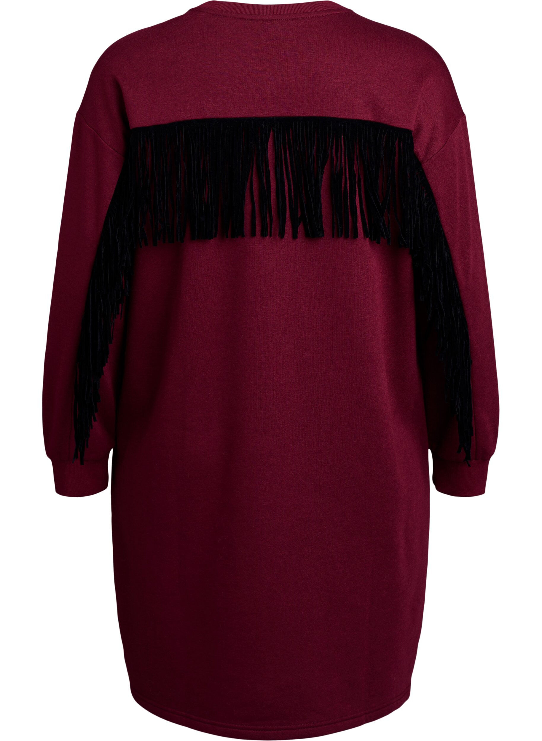 Zizzi Robe sweat mi-longue avec franges, Bordeaux fonc&eacute;, Packshot image number 1