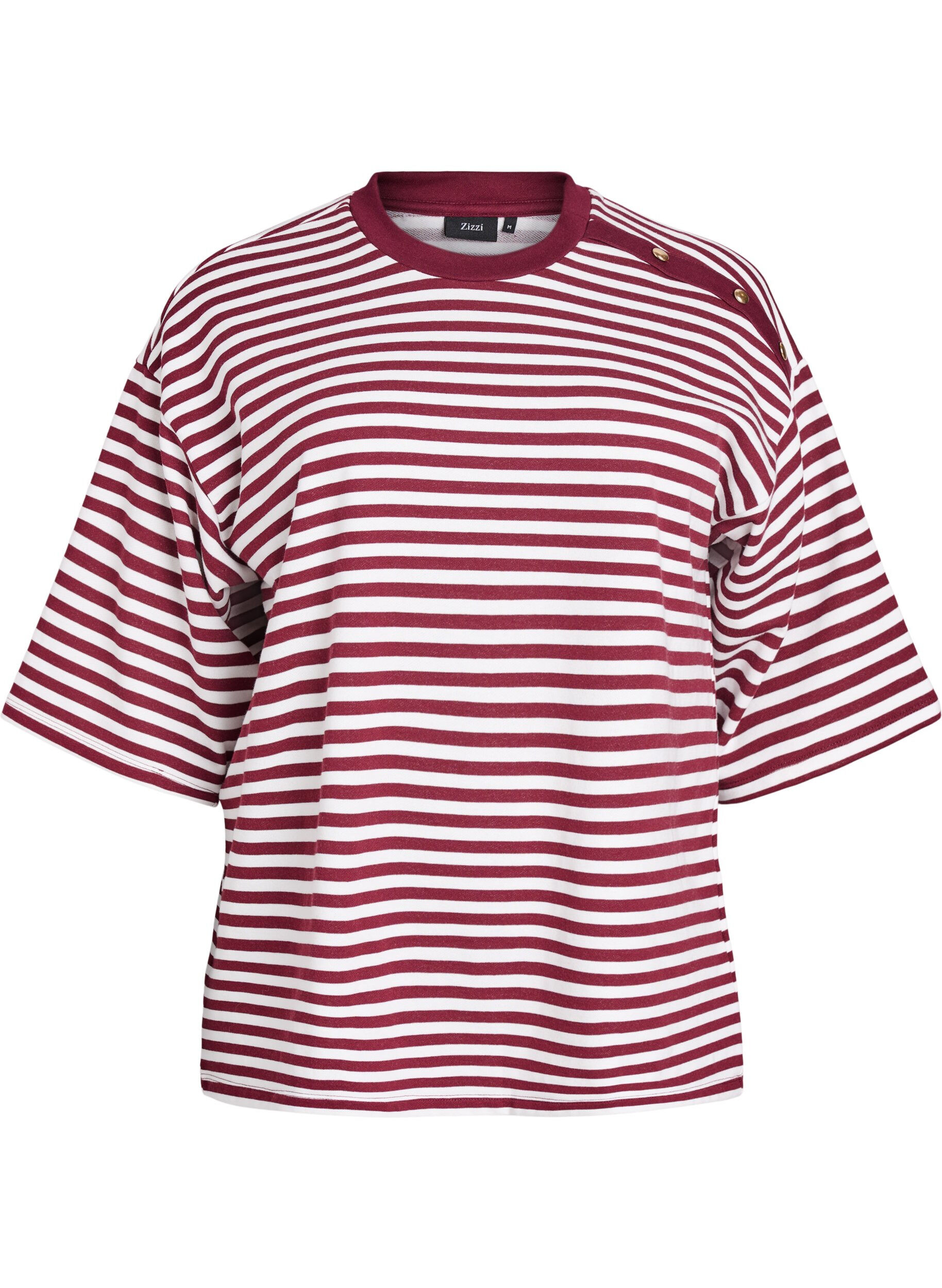 Zizzi Gestreifte Bluse mit 3/4 &Auml;rmeln und Knopfdetail, Rot, Packshot image number 0
