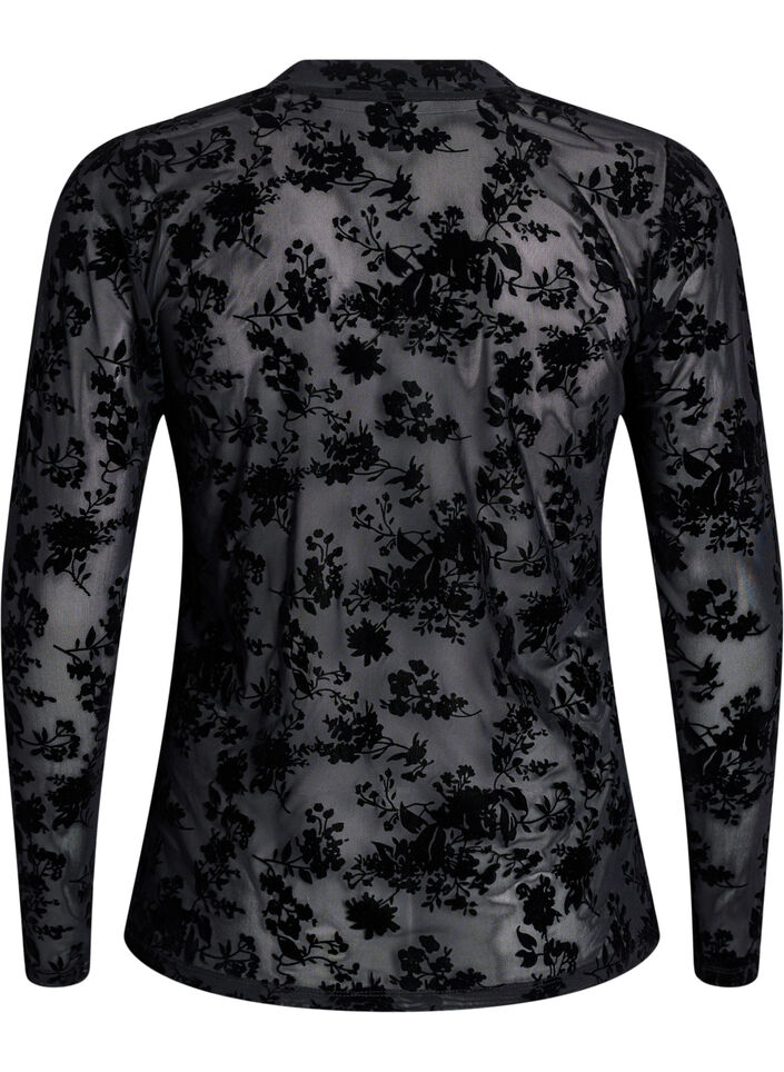 Meshbluse mit Blumenmuster, Schwarz, Packshot image number 1