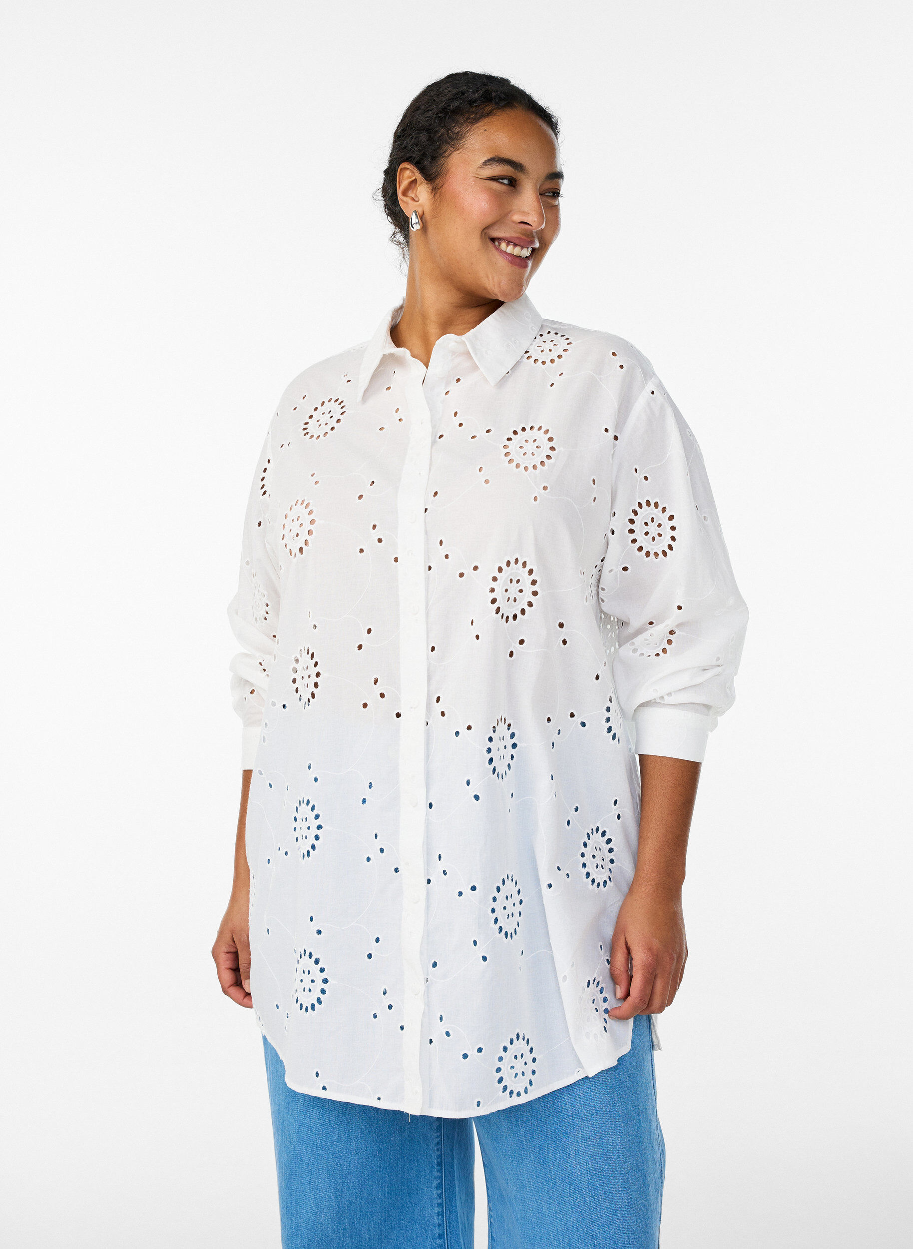 Zizzi Tunique en coton avec broderie anglaise, Blanc, Model image number 0