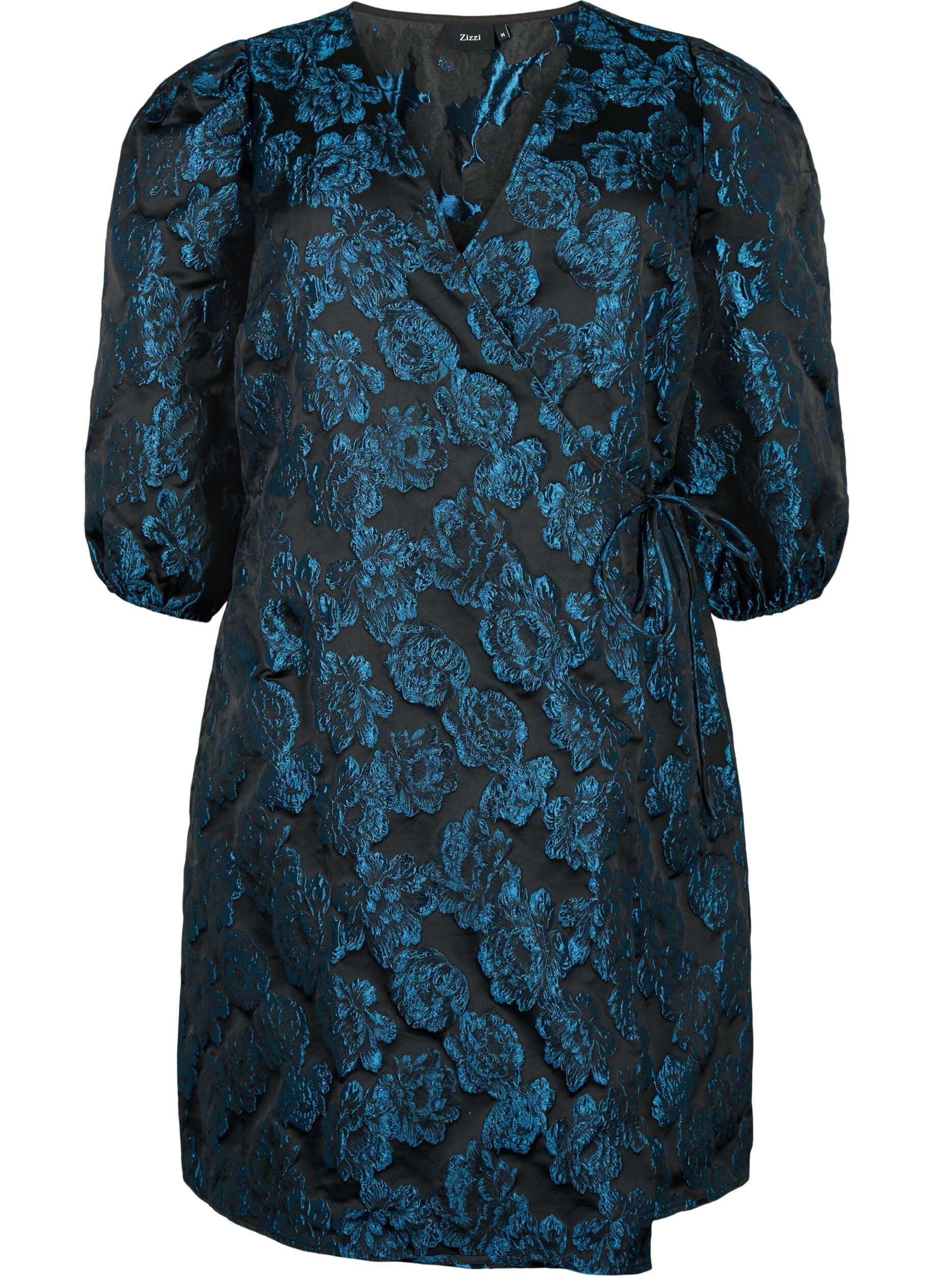 Zizzi Jacquard-Wickelkleid mit 3/4-&Auml;rmeln, Black Blue, Packshot image number 0