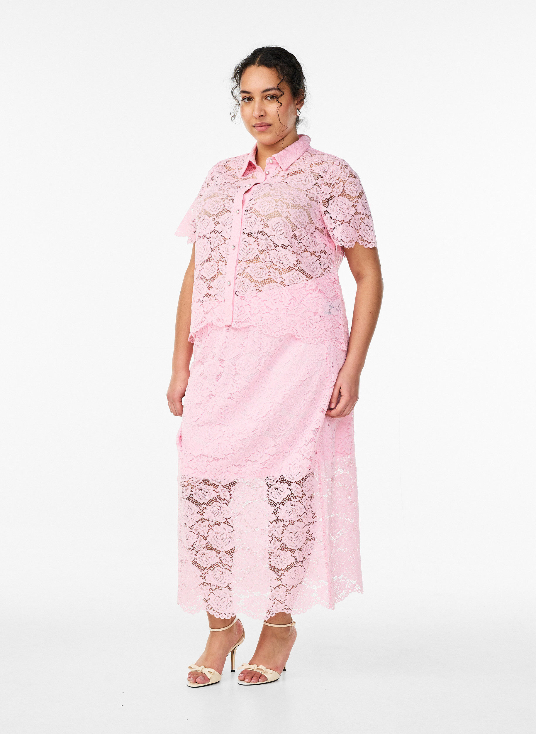 Jupe midi en dentelle avec taille &eacute;lastique, Rose, Model