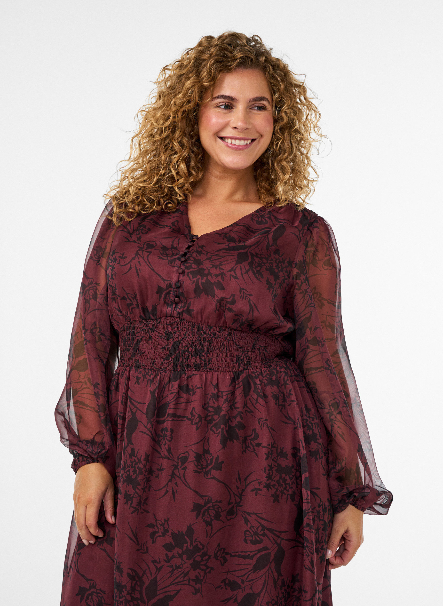 ZizziMaxikleid mit floralem Print und Smock, Dunkles Bordeaux, Model image number 2