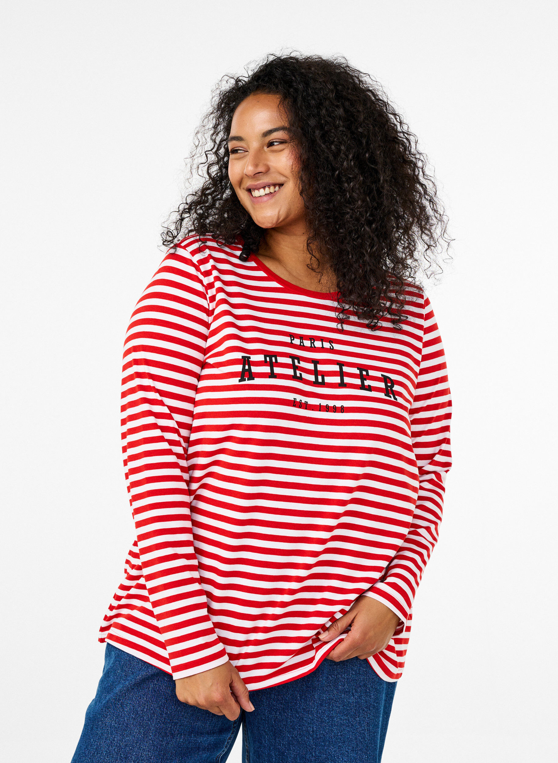 Zizzi Gestreifte Bluse mit Motiv, Whitew.FlameS.Stripe, Model image number 0