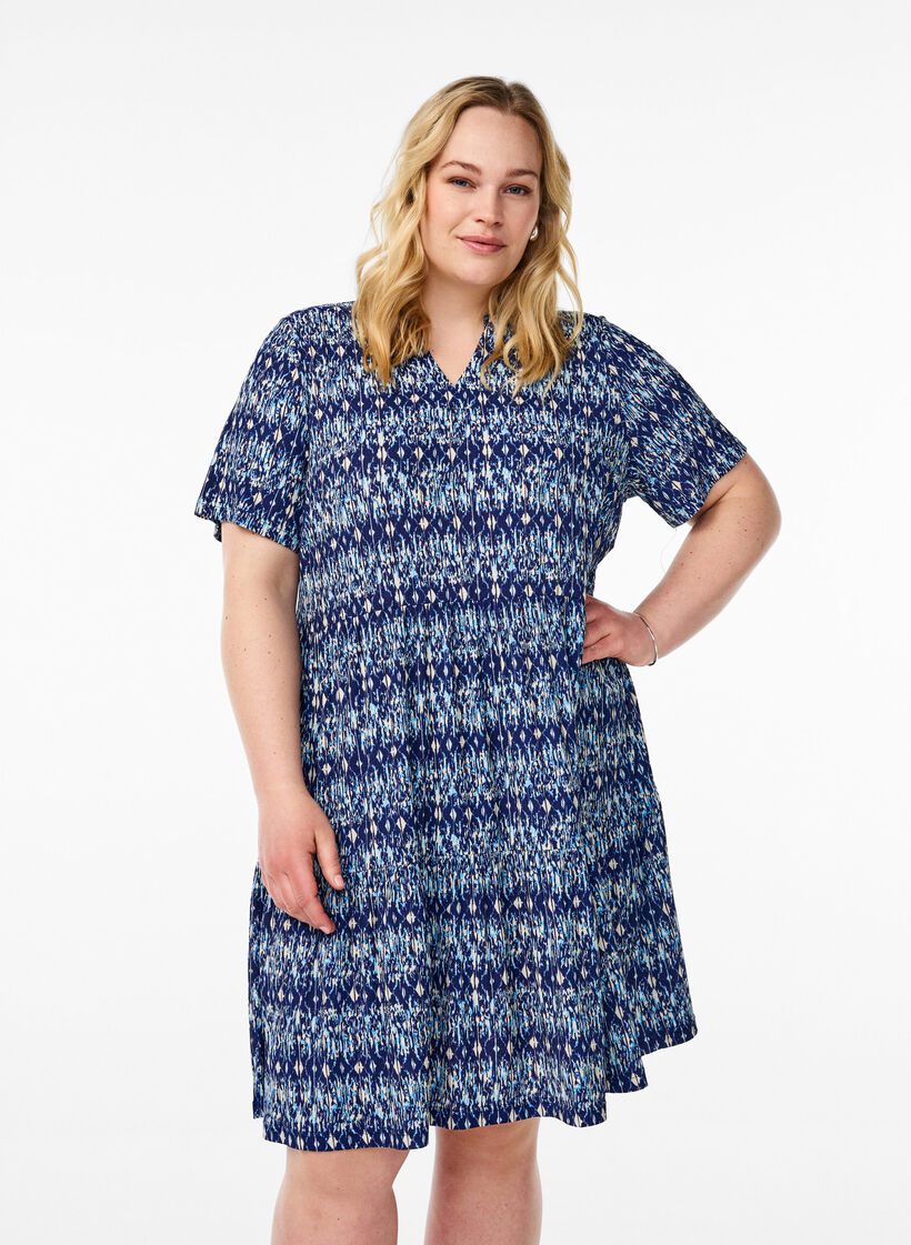 Gemustertes Kleid mit Eins&auml;tzen, Blau, Model image number 0