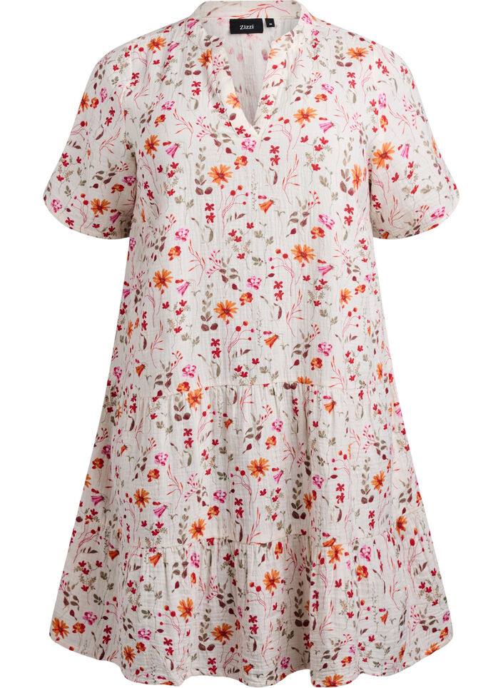 Robe courte en mousseline de coton avec des fleurs, Blanc, Packshot image number 0