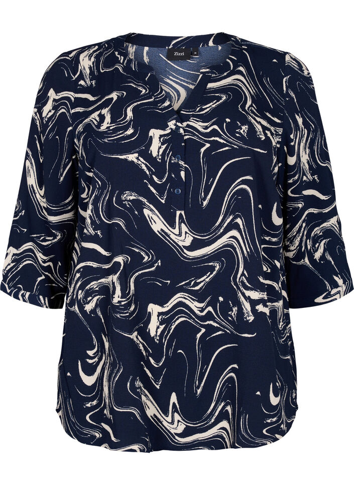 Bedruckte Bluse mit 3/4-Ärmeln, N. Blazer Swirl AOP, Packshot image number 0