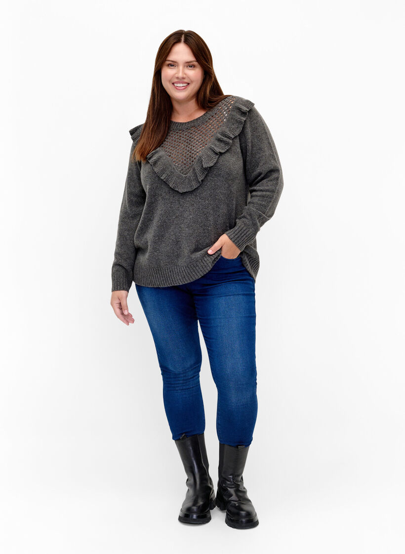 Gestrickter Wollpullover mit Rüschendetail, Dark Grey Melange, Model image number 2