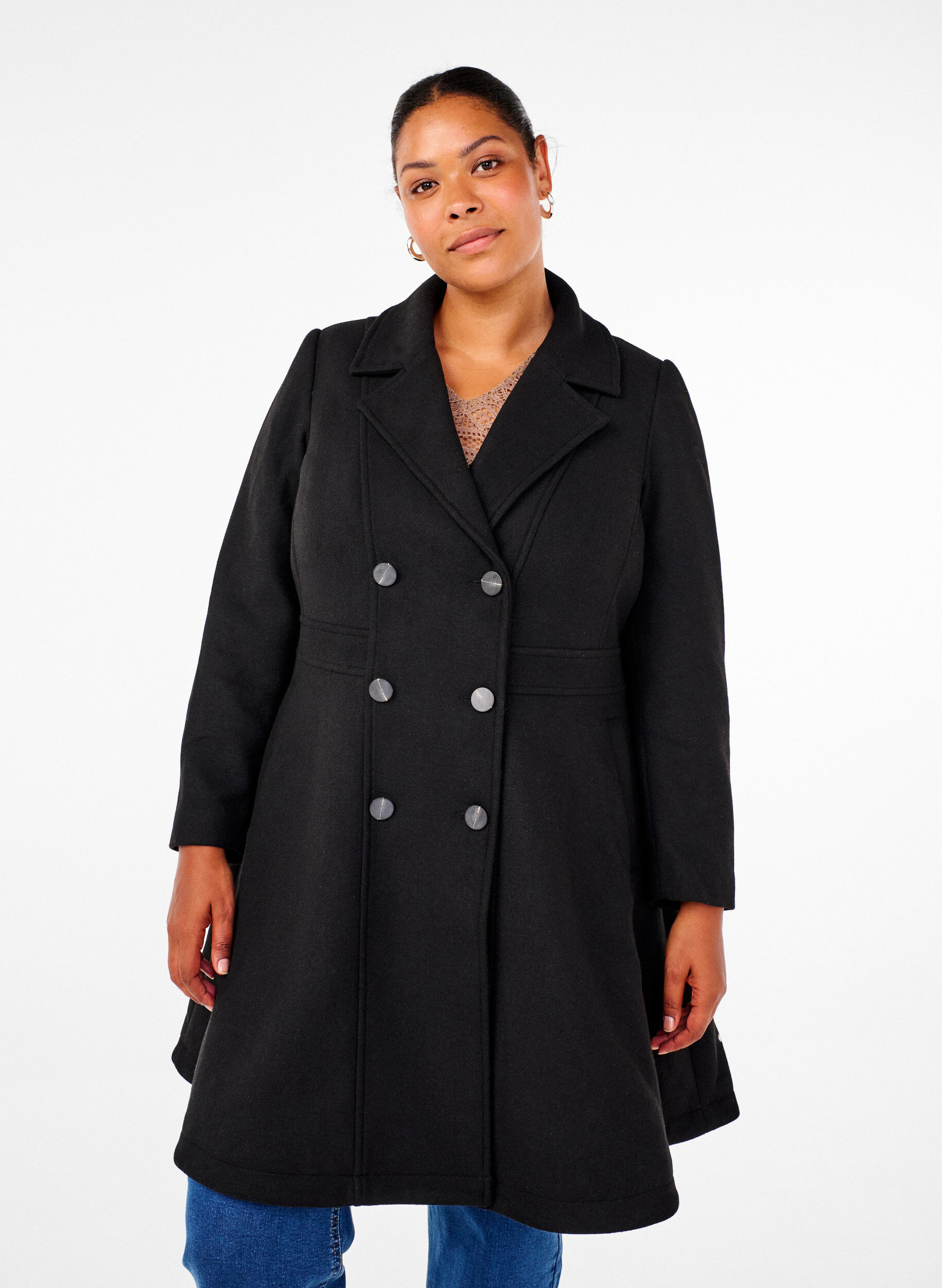 Wollmantel in A-Linie mit Taschen, Schwarz, Model