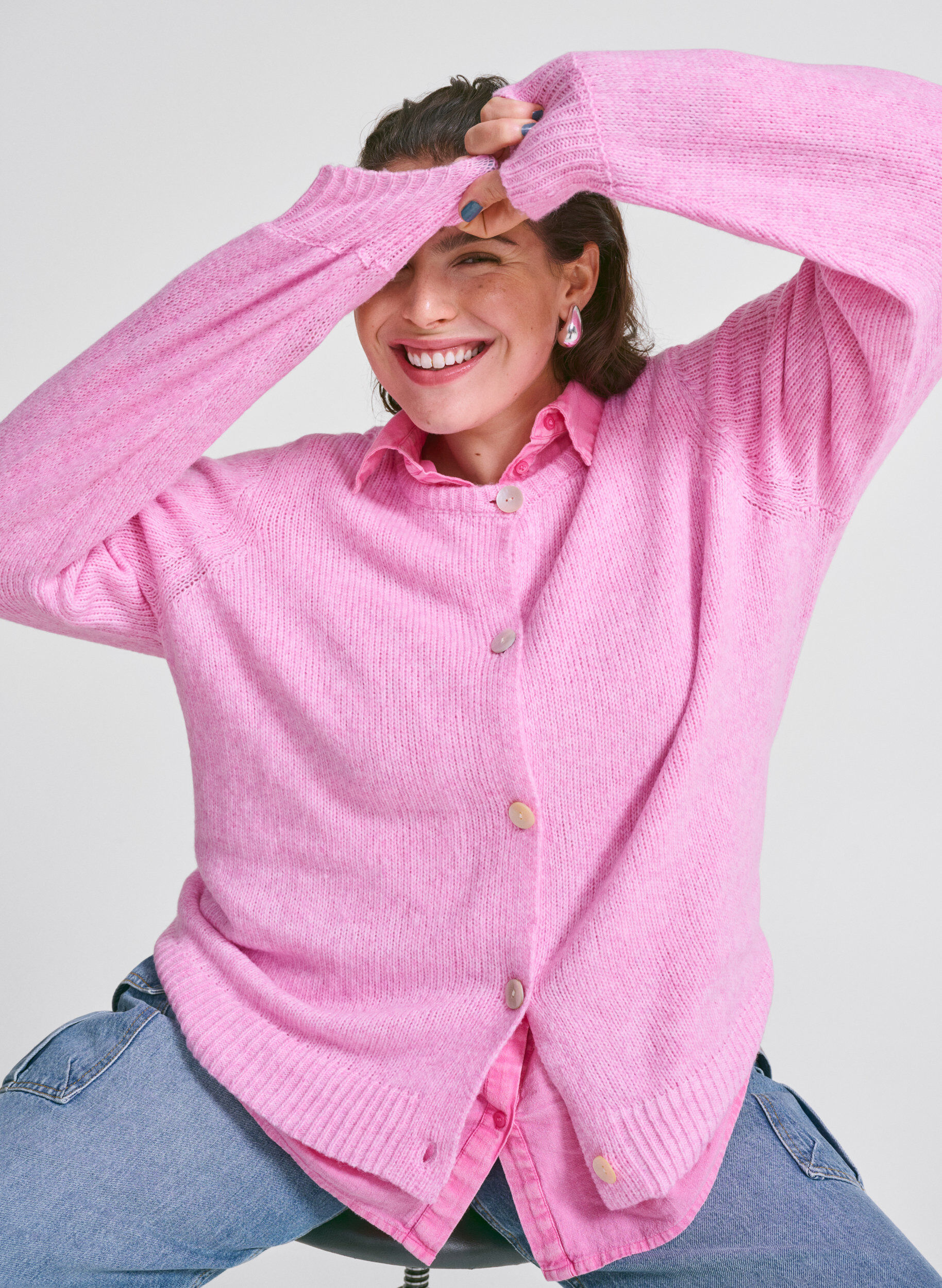 Zizzi Cardigan en maille comportant de la laine et des boutons, Begonia Pink Mel., Image image number 0